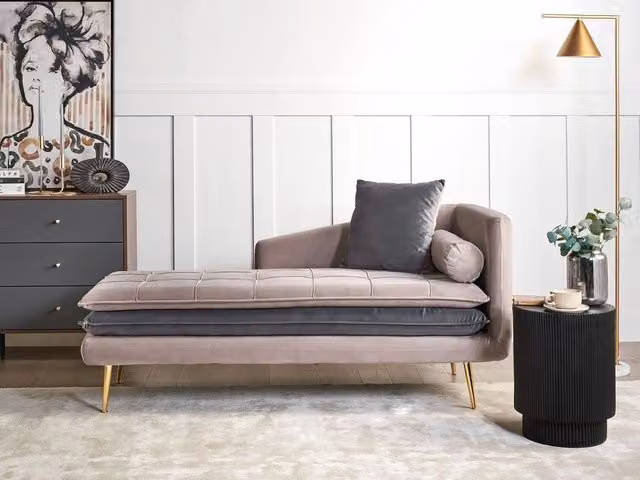 Chaise longue BELIANI in velluto beige e grigio, design moderno a L con imbottitura in schiuma, lato destro, L: 160 cm, P: 79 cm, H: 72 cm