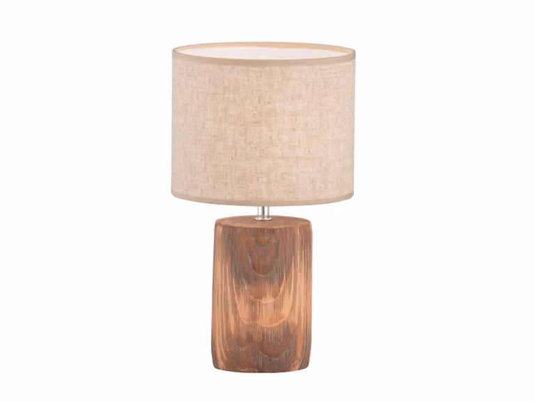 Lampada da tavolo Skandi 43cm grande con paralume in lino beige e base in cemento effetto legno