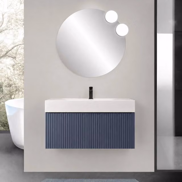 Mobile bagno sospeso 100 cm blu notte con un cassetto e lavabo alto in resina Nara