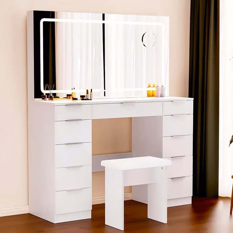 Comò da trucco - Tavolino da trucco - Bancoletta - Comò - Tavolo da trucco - Bianco - 11 cassetti - Specchio LED regolabile