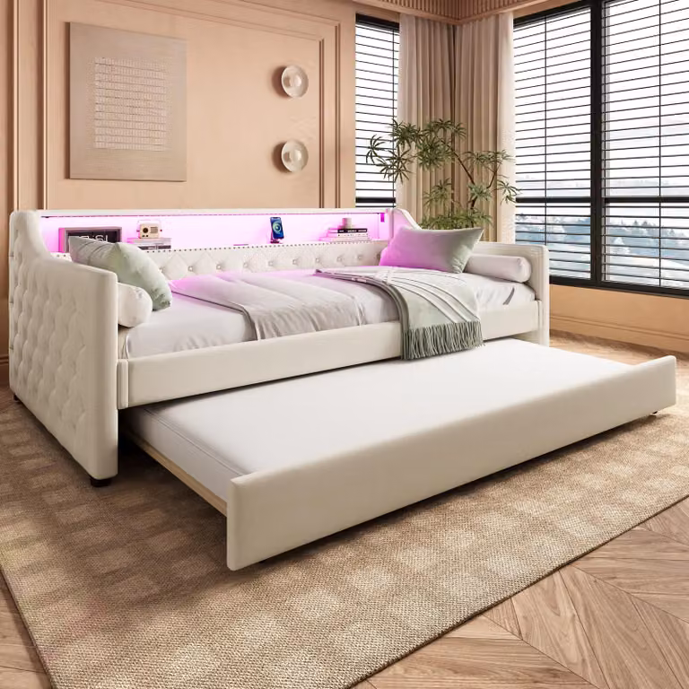 Letto a giorno 90 x 200 cm con letto estraibile 90 x 190 cm, illuminazione LED con controllo tramite app, porta USB, rete a doghe, rivestimento in lino