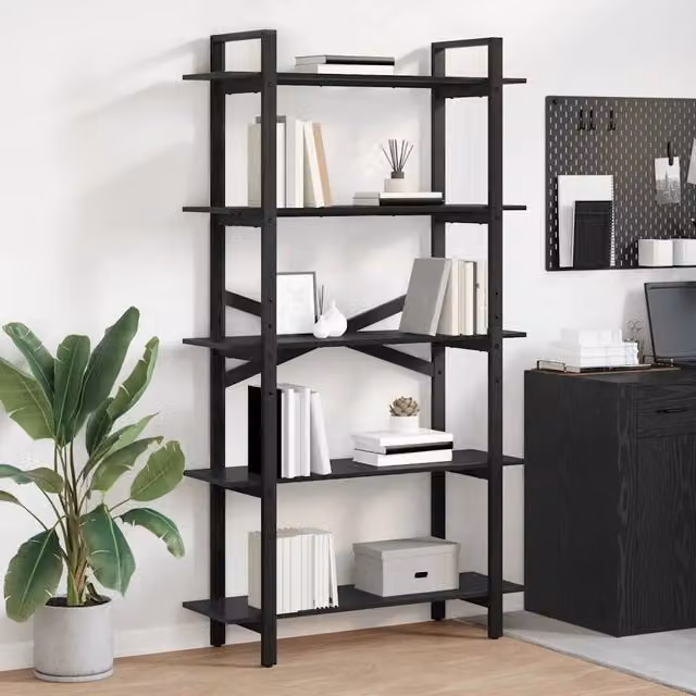 Libreria a scaffali stile industrial vidaXL in legno e metallo nero per soggiorno o ufficio, L 100 x P 33,5 x H 178 cm – 1