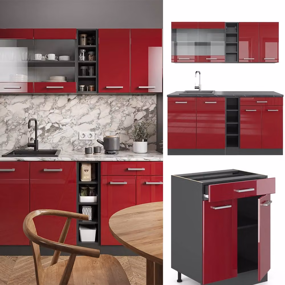 Cucina completa R-Line Vicco moderna in rosso lucido e antracite con dettagli in rovere, L: 160 cm, P: 60 cm, H: 81,6 cm – 2