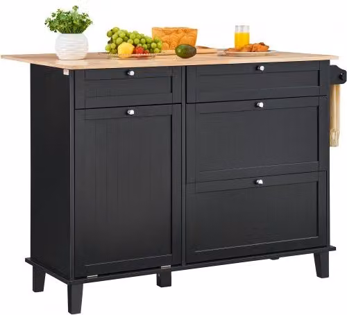 VEVOR Carrello da Cucina in Legno Nero con Tavolo da Colazione Ribaltabile e Mobiletto per la Spazzatura in Stile Country