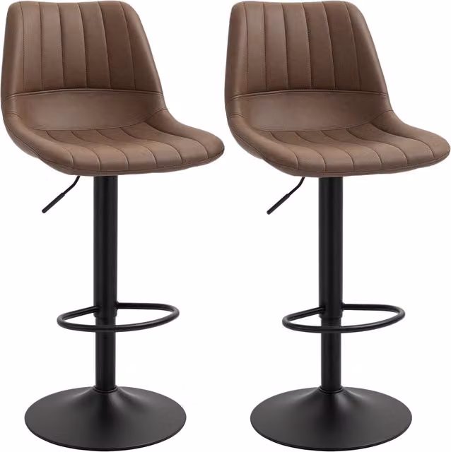 Set di 2 sgabelli da bar Minimal in ecopelle marrone con base in metallo e seduta girevole 360 gradi, L/P/H: 43 x 49.5 x 111 cm