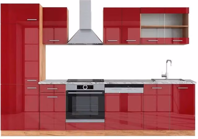 Cucina componibile moderna Vicco R-Line in rosso lucido e rovere dorato, L: 300 cm