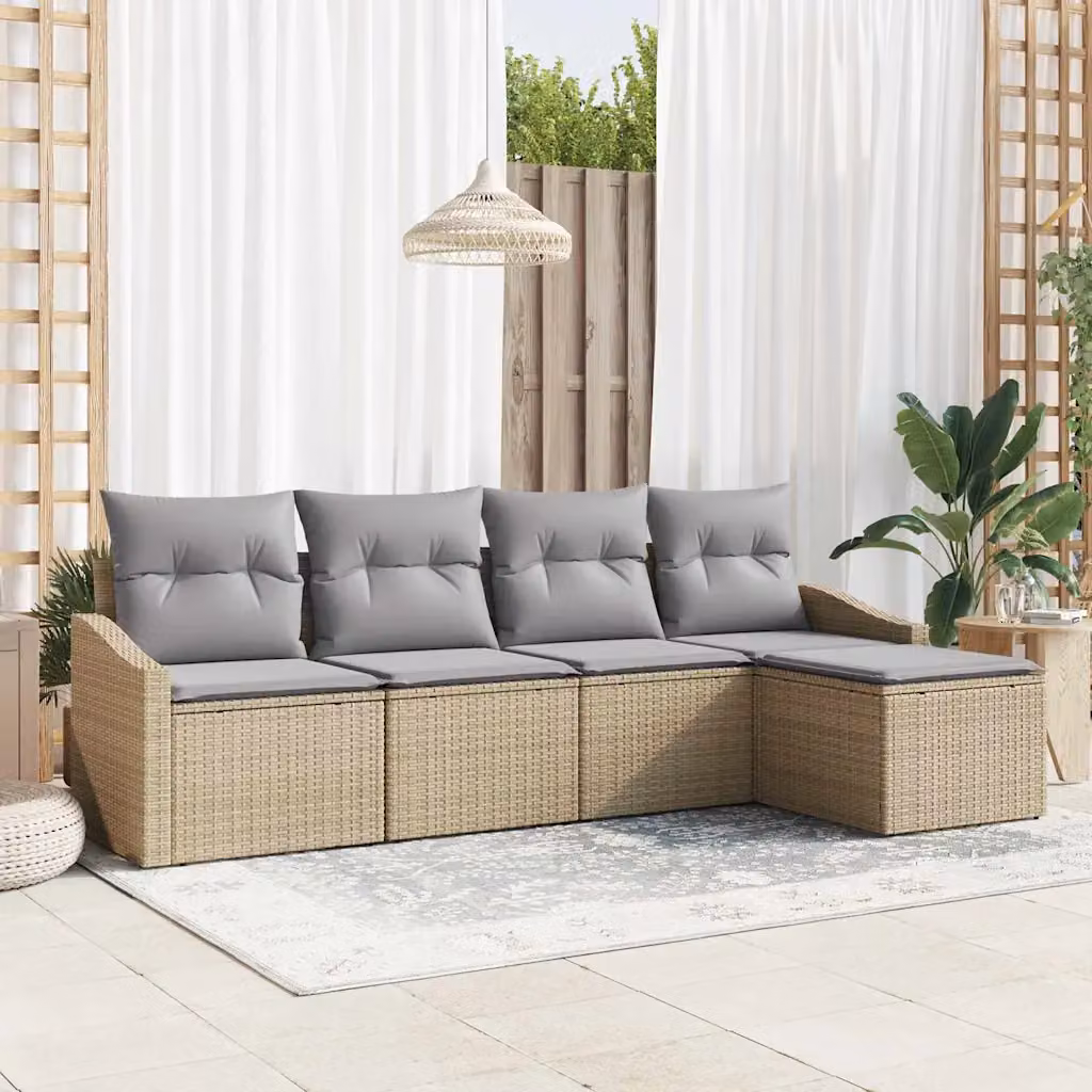 Set di divani da giardino vidaXL 5 pezzi in rattan con struttura in acciaio e cuscini beige e grigio