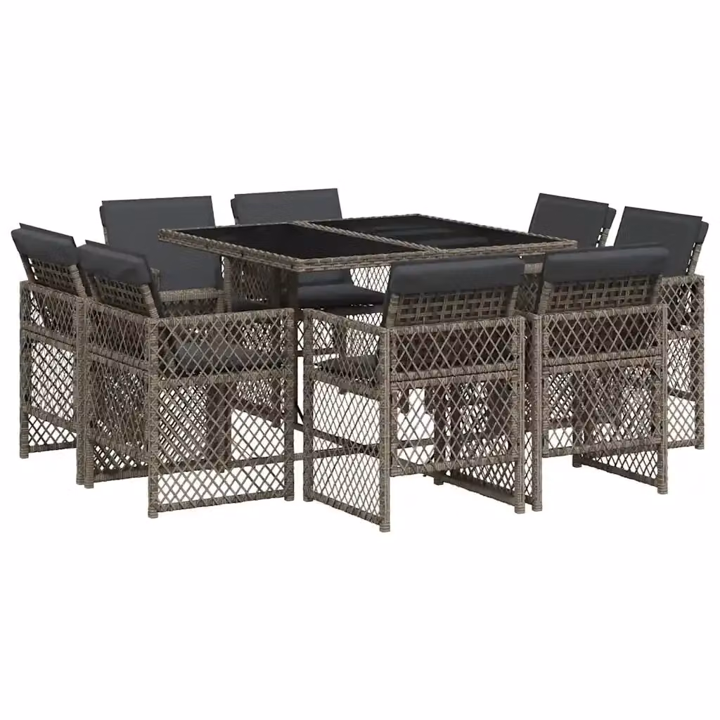 vidaXL Set da Pranzo da Giardino 9 pz in Polyrattan con Piano in Vetro Grigio e Nero – 2
