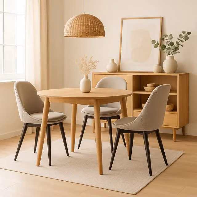 Set di 4 sedie da pranzo Delphi Duzzle imbottite in tessuto beige con struttura in legno massello di noce