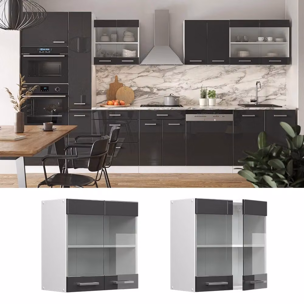 Pensile da cucina Vicco R-Line Antracite e Bianco lucido con ante in vetro L: 60 cm, P: 31 cm, H: 60 cm – 2