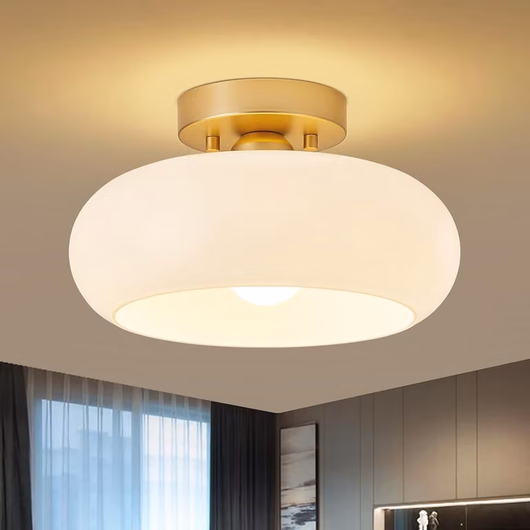 Lampada a soffitto in vetro bianco, attacco E27 nero, diametro 28 cm, ideale per il soggiorno
