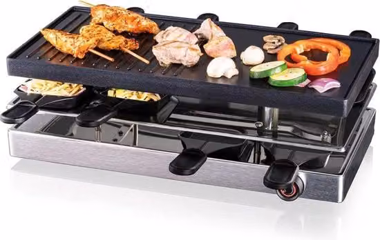 Griglia per raclette 1200W con 8 pannini antiscorrosione, spatola in plastica e zona di riposo non riscaldabile