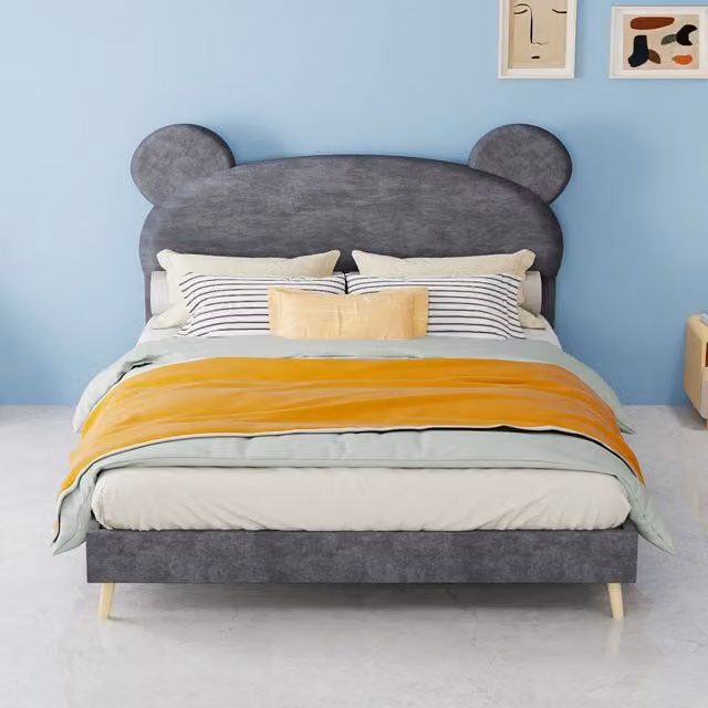 Letto per bambini imbottito 140 × 200 cm in tessuto e metallo grigio con testiera morbida a orecchie d'orso