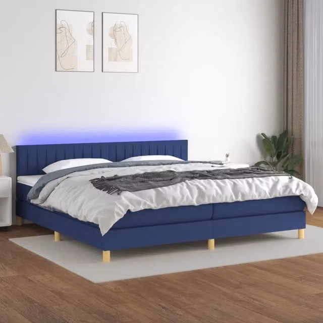 Letto a molle moderno vidaXL in tessuto bianco e blu con illuminazione LED sottostante e porta USB, L/P: 200 x 200 cm