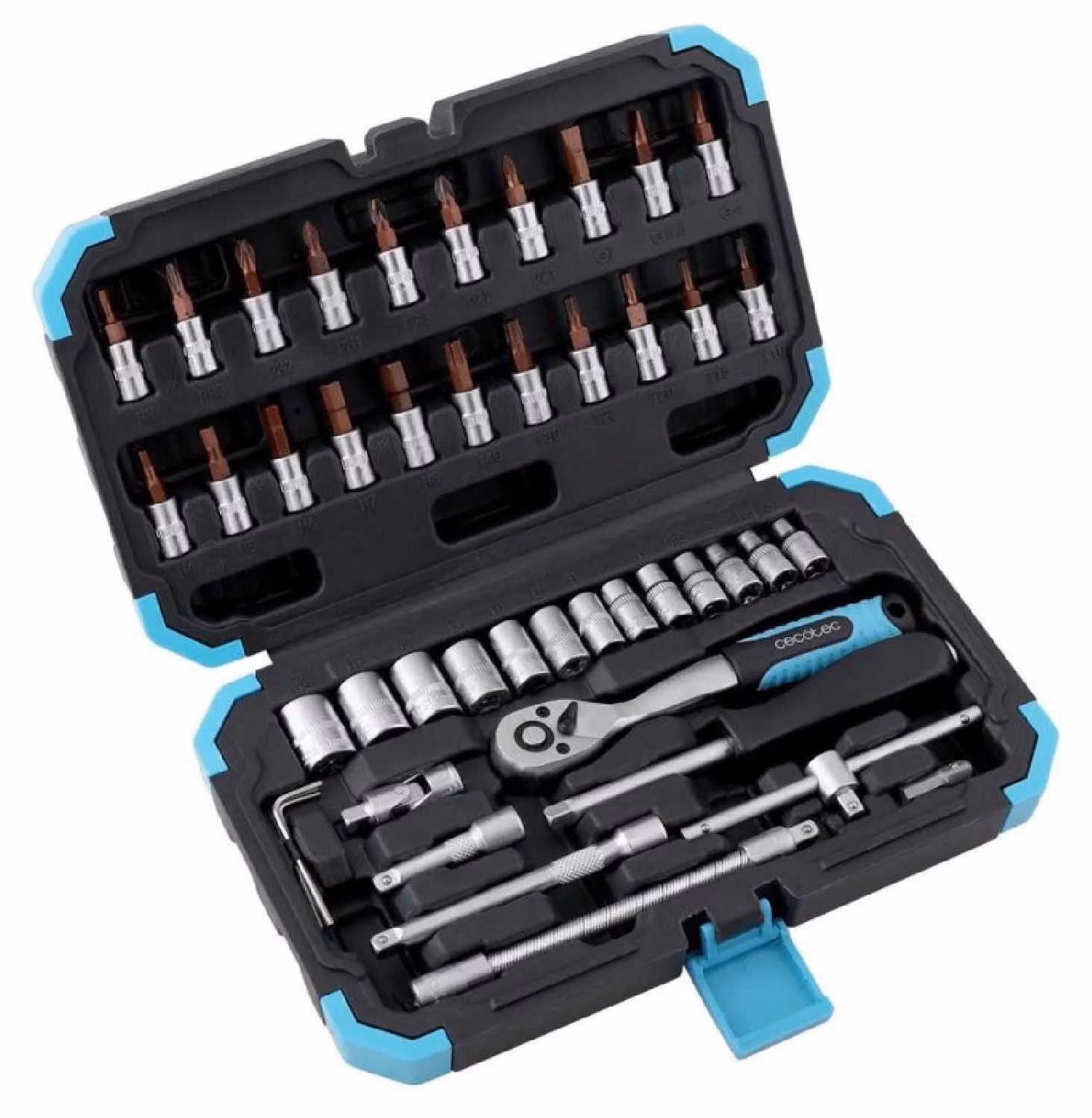 Cecotec Valigetta portautensili da 46 pezzi, modello ToolBox KRK 2200. Include un cricchetto professionale a 72 denti e bussole in acciaio CR-V.