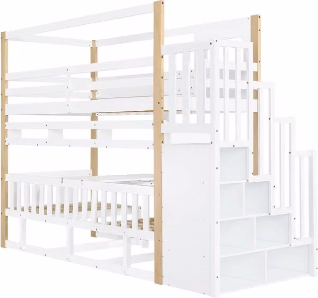 Letto a Castello per Bambini con Tavolo Regolabile in Altezza e Scala Contenitore, Legno di Pino + MDF, 90x200 cm, Bianco e Naturale