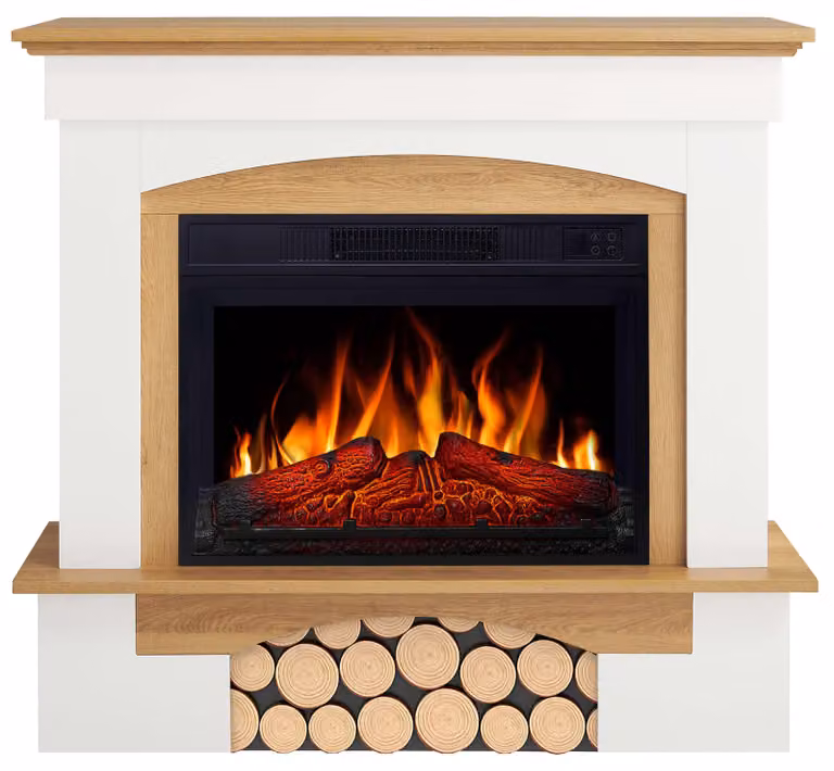 Caminetto elettrico ArtiFlame Woodley AF23S bianco/rovere naturale – Caminetto elettrico da incasso da 1800 W, effetto fiamma realistico a LED, funzione di riscaldamento, telecomando