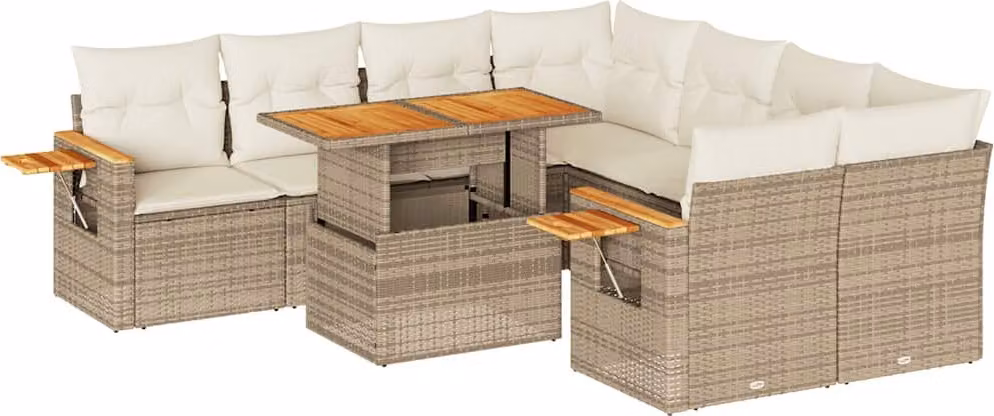Set Divano da Giardino 9 pz con Cuscini Beige Polyrattan Acacia