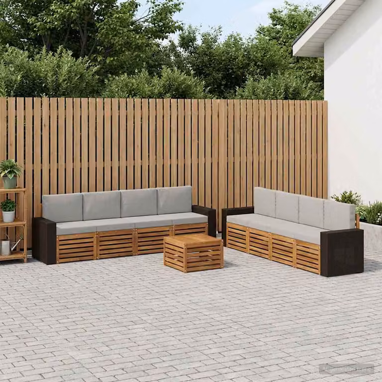 vidaXL Set di divani da esterno 9 pz in legno di acacia con cuscini, beige, grigio e marrone