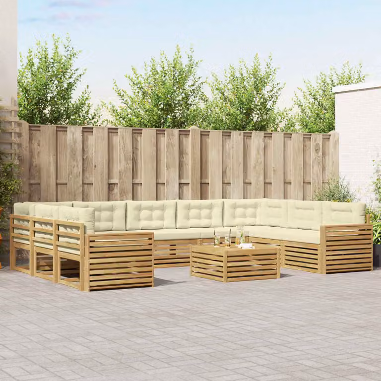 Set di divani da esterno vidaXL a forma di U in legno di acacia con cuscini Bianco e Beige