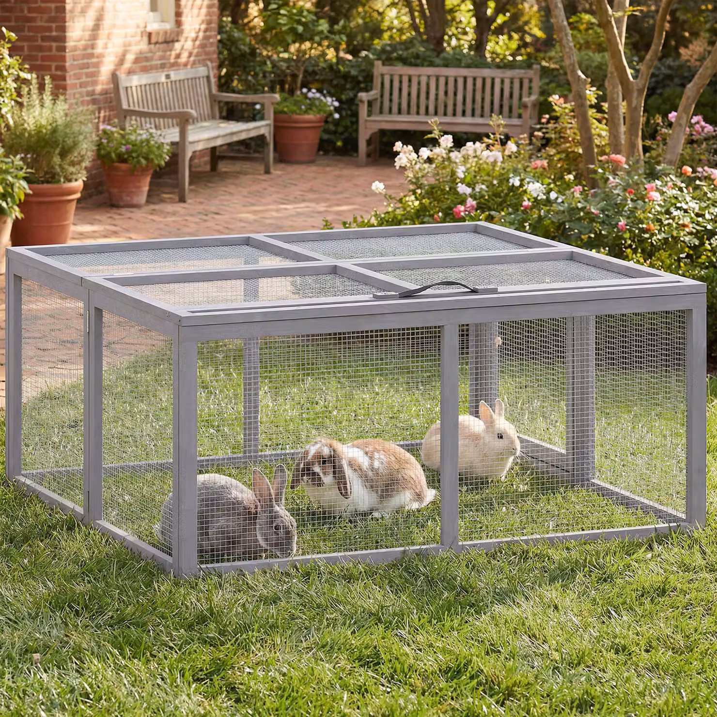 Conigliera Esterna Pieghevole PawHut con Tetto Apribile, Grigia, L 110 x P 105 x H 50 cm – 2