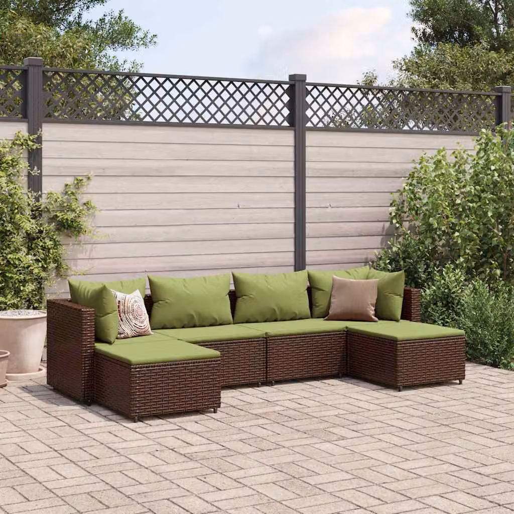 vidaXL Set di Mobili da Giardino a L in Polyrattan Marrone e Verde con 6 Cuscini e Ottoman – 1
