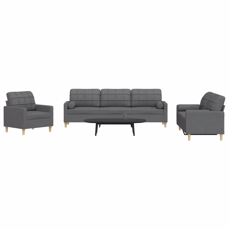 Set di divani 3 pezzi vidaXL in tessuto grigio con cuscini e struttura in metallo per soggiorno