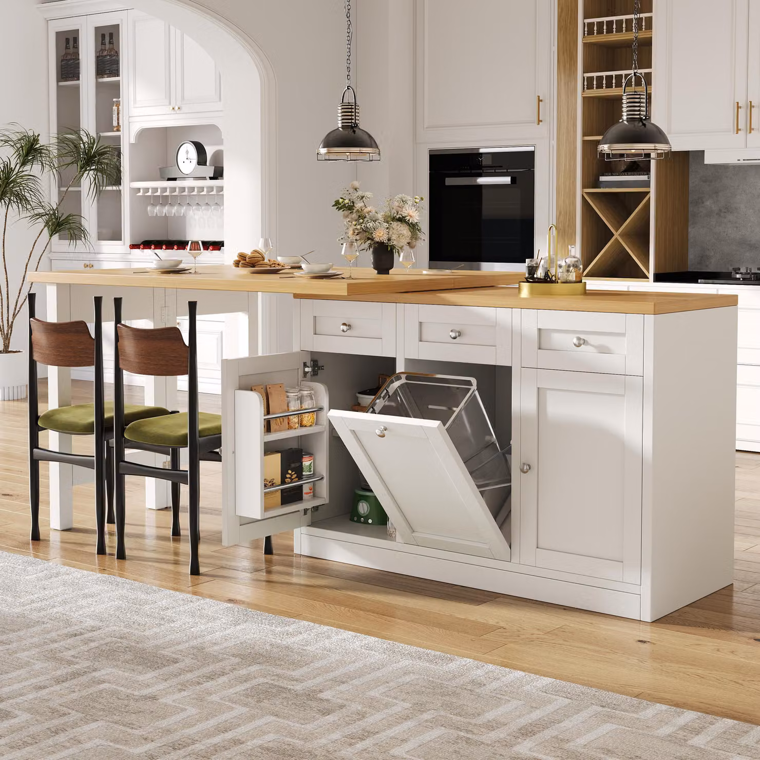 MODFU Tavolo da cucina a isola allungabile con tavolo da pranzo ribaltabile e cassetto, credenza da cucina con porta-pattumiera estraibile (pattumiera non inclusa), tavolo da cucina con ripiano porta-snack per piccoli appartamenti, bianco