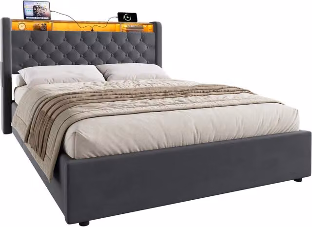 Letto matrimoniale 140x200 cm con LED; cassetto a rotelle e sommier a doghe; in velluto grigio scuro; senza materasso
