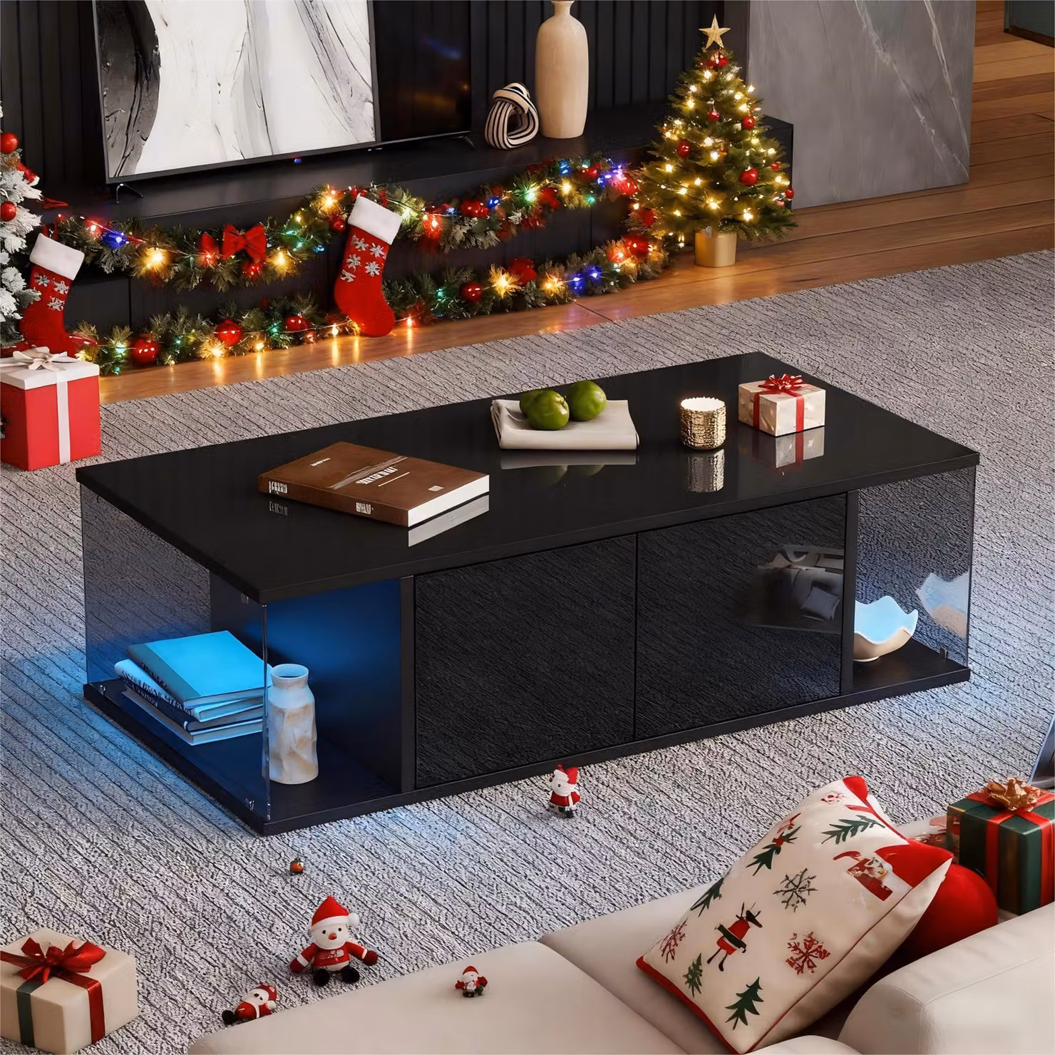 AIORBER Tavolino moderno con LED, frontale lucido, design in vetro temperato, 2 armadietti e ripiani aperti, 100×50×30 cm - Nero