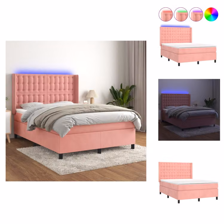 vidaXL Letto a molle con materasso e LED in velluto rosa 140x190 cm - Letti & strutture letto