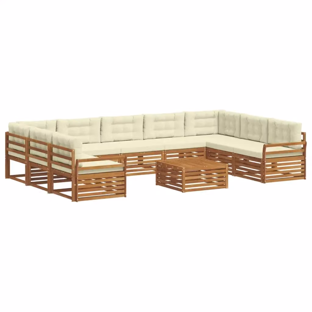 Set di mobili da giardino vidaXL composto da divano a 3 posti, elemento angolare, tavolino da caffè e cuscini in tessuto, struttura in legno di acacia e colore beige e bianco – 2