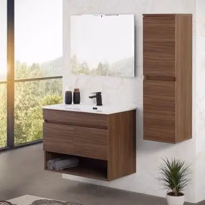 Mobile bagno sospeso Kleo Inbagno noce canaletto con ante soft-close e vano a giorno