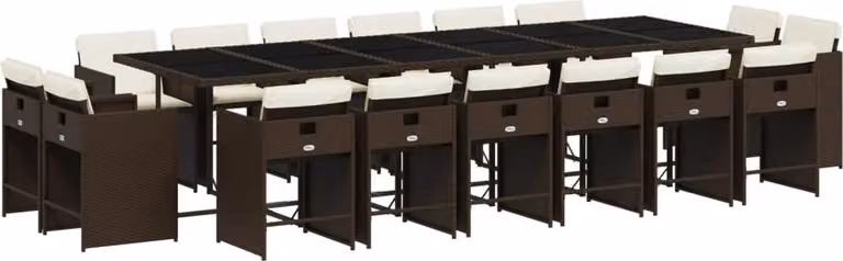 Set da Pranzo da Giardino 17 pz con Cuscini Marrone Polyrattan