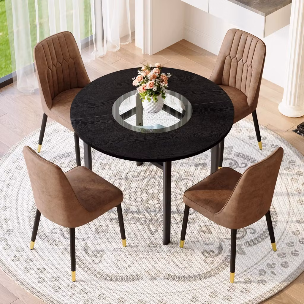 Set tavolo da pranzo rotondo MIVRAY con 4 sedie, tavolo in MDF nero con inserto e ripiano in vetro trasparente e sedie marroni – 2