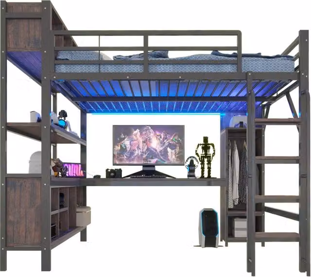 Letto a soppalco 140x200 cm con scrivania integrata; armadio; LED e prese europee; nero
