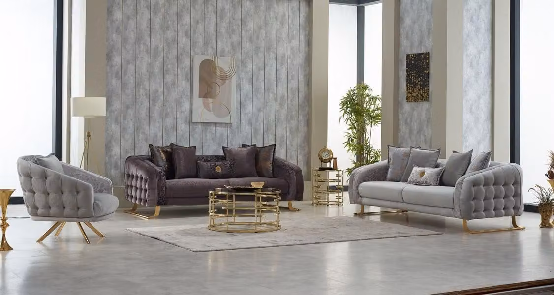 Komplette Couchgarnitur Polstersofa Dreisitzer Stoffsofa Sessel Grau 3tlg.