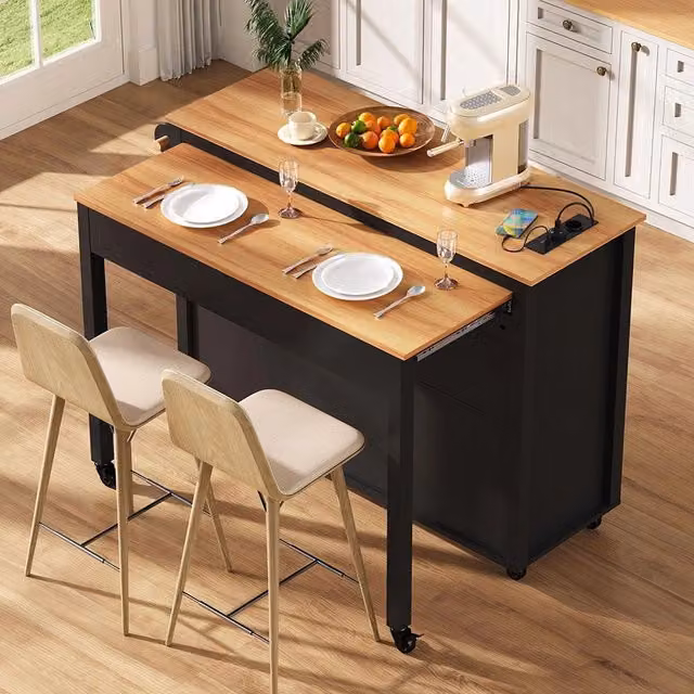 Isola cucina mobile Xylo nera estensibile con piano lavoro e vano pattumiera L: 120 cm, P: 52,7 cm, H: 92 cm