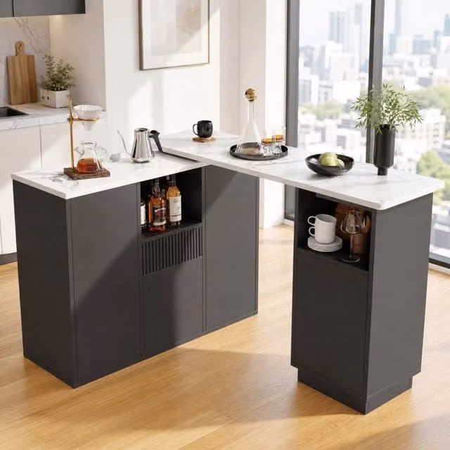 Mobile bar girevole 360° in MDF nero 210x30x100;9 cm con vani aperti e chiusi