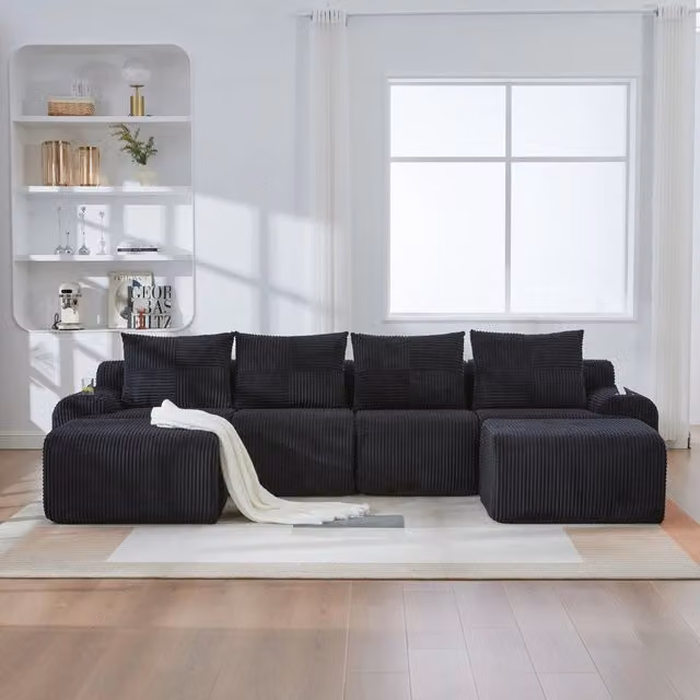 Divano panoramico modulare MIVRAY a 4 posti in velluto a coste nero con portabevande, forma a U e imbottitura in schiuma L: 333 cm, P: 174 cm, H: 80 cm