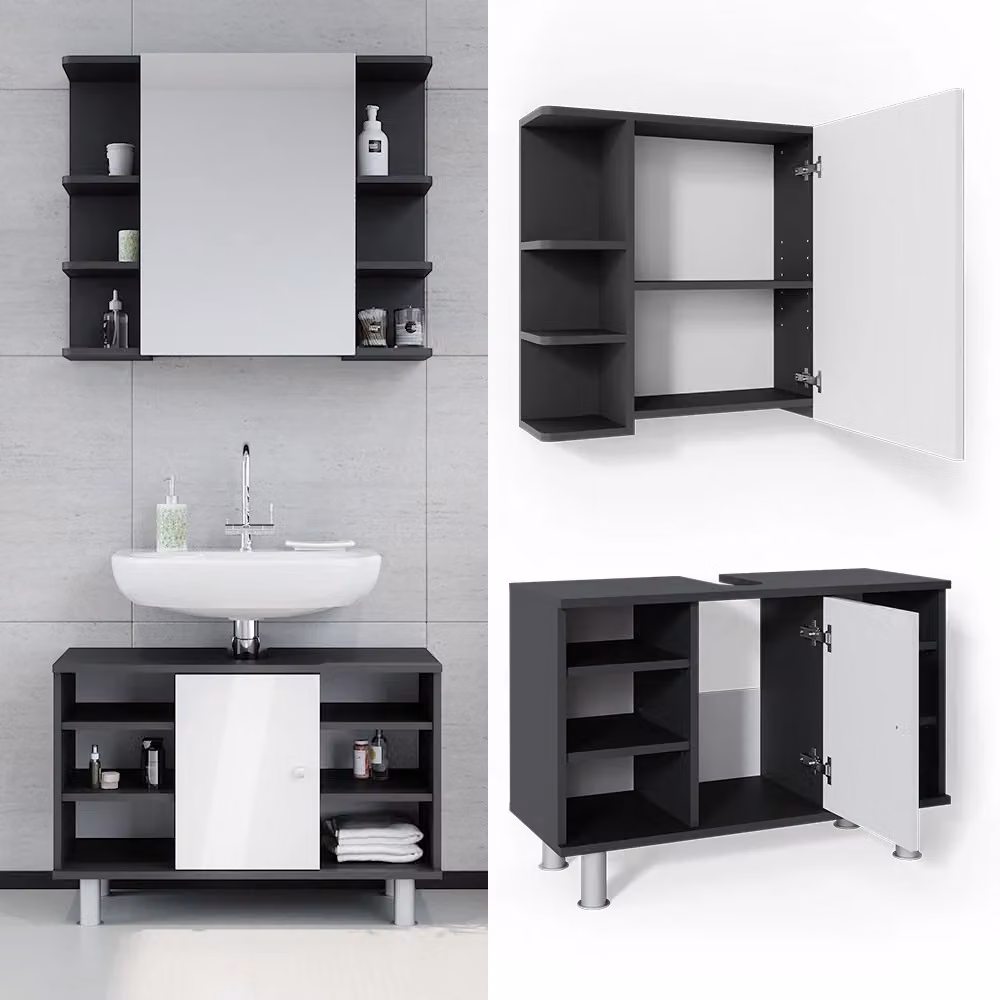 Set mobili bagno Vicco Fynn Antracite composto da mobile lavabo e pensile specchio in finitura lucida – 2
