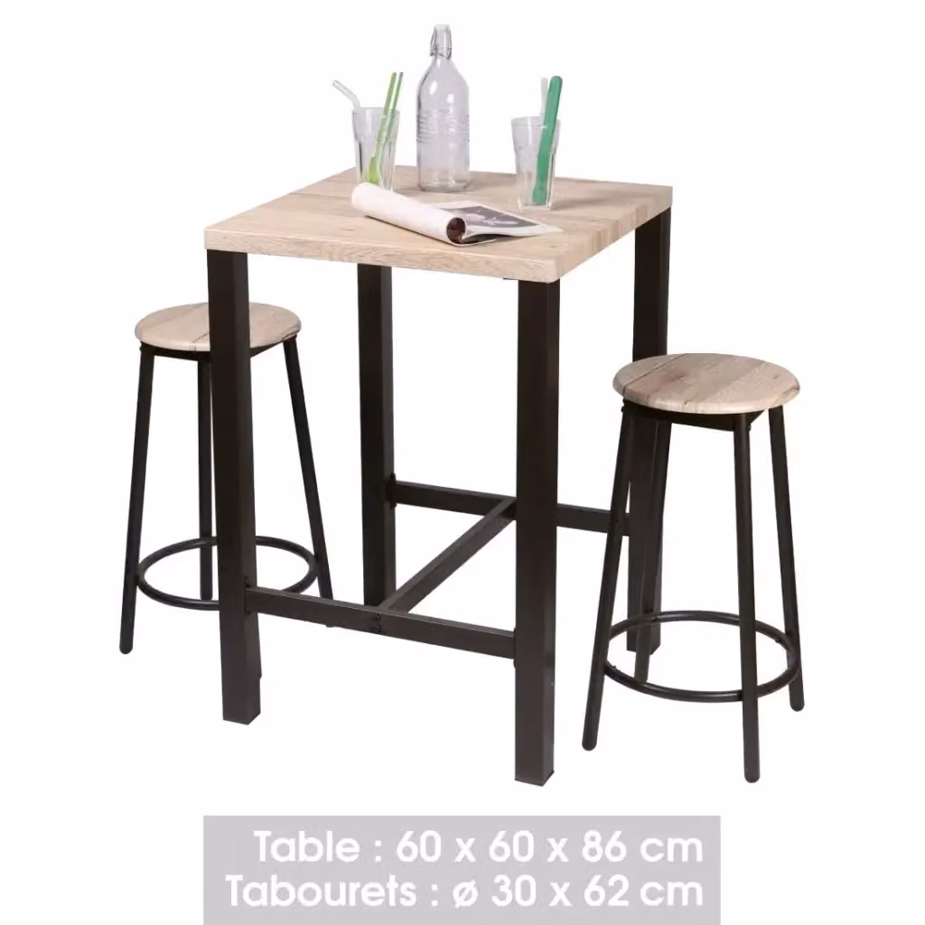 Set da bar moderno Meublorama con tavolo quadrato e 2 sgabelli, struttura in metallo nero e piano in MDF color legno marrone – 2