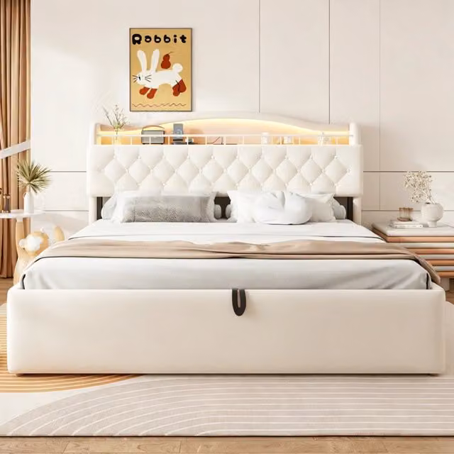 Letto Matrimoniale 180x200 cm Imbottito in Velluto con Contenitore Idraulico; Testiera LED e Prese USB; Beige