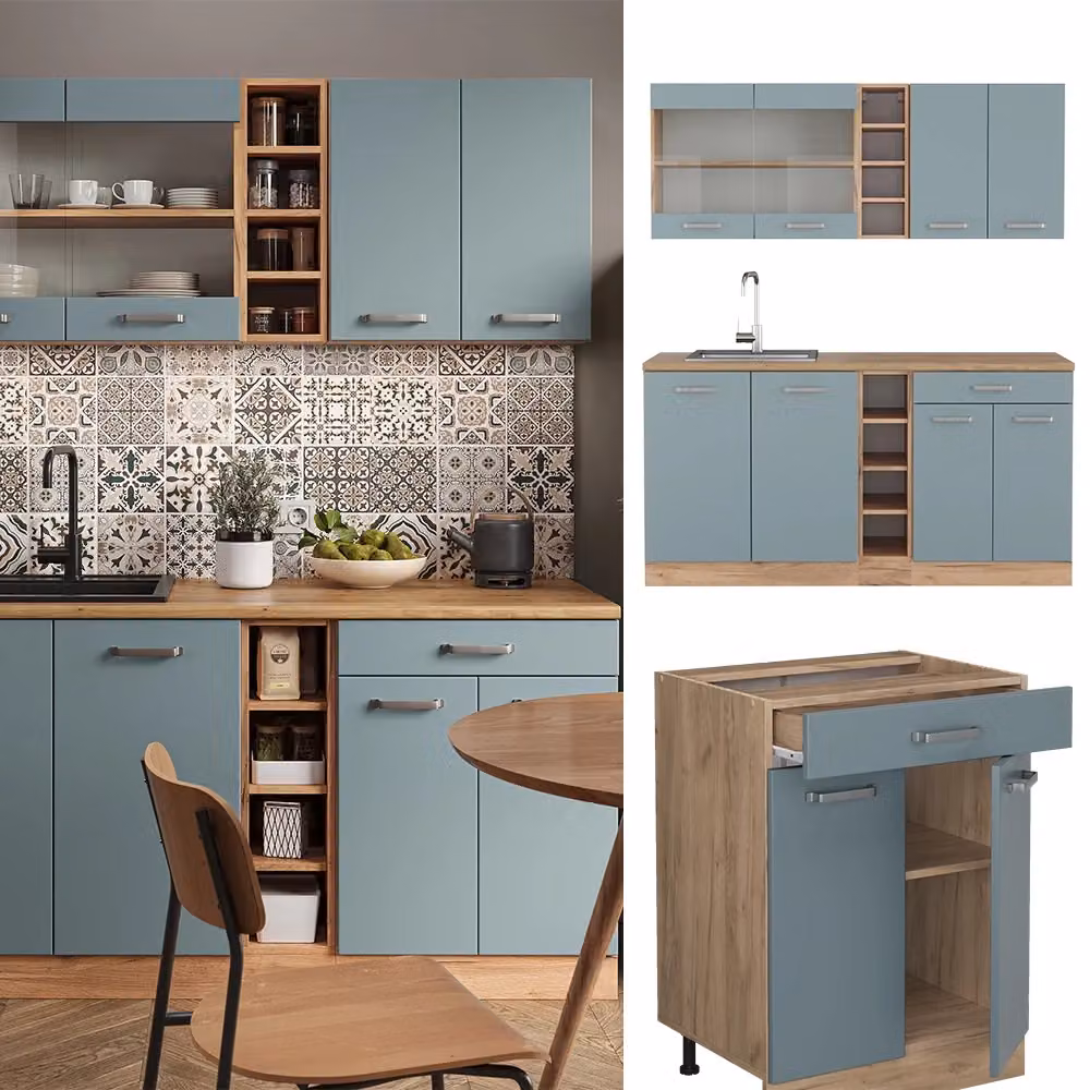 Cucina completa moderna R-Line Vicco, Grigio-blu e Rovere dorato con piano antracite, L: 160 cm, P: 60 cm, H: 81,6 cm – 2