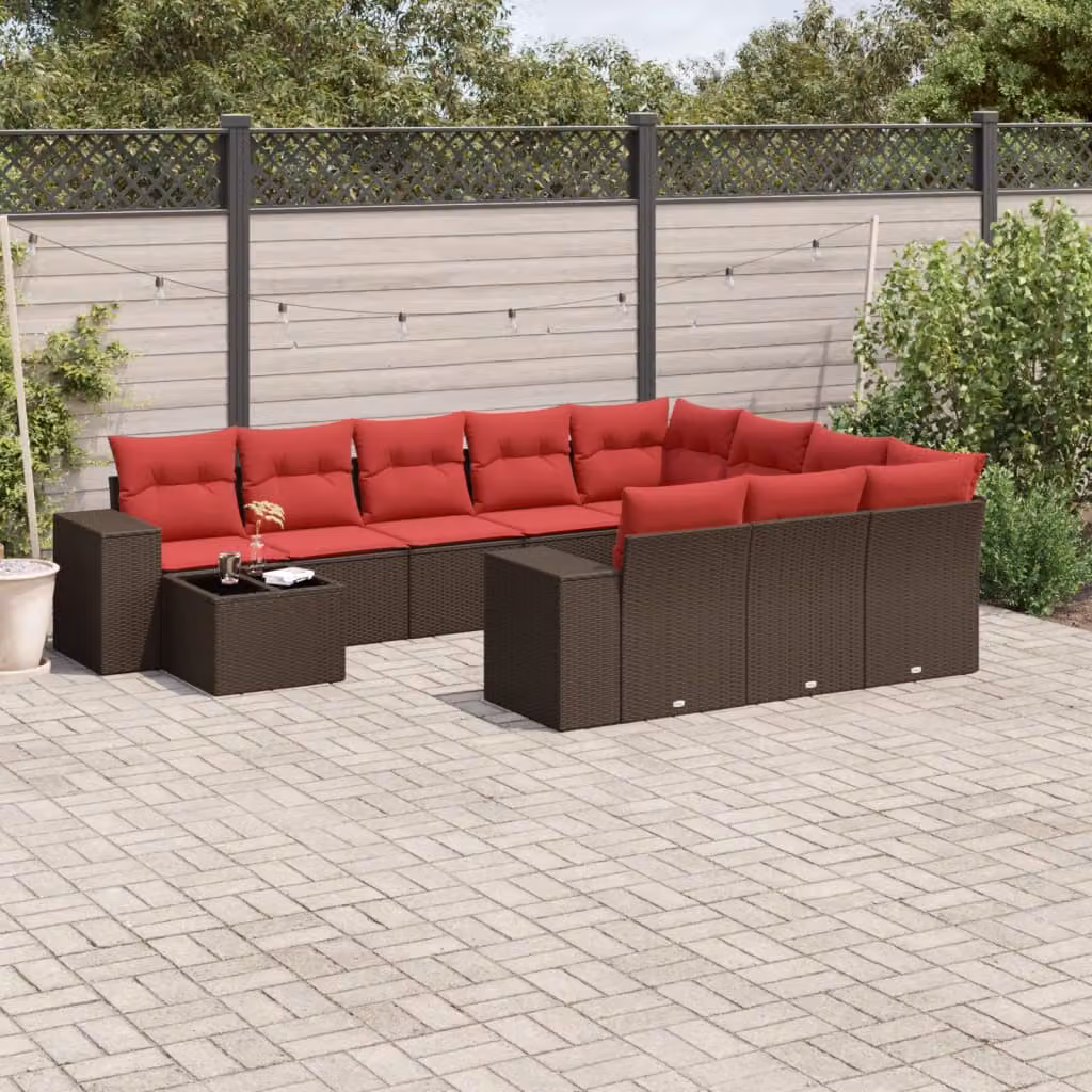 Set di divani da giardino vidaXL 11 pezzi con cuscini in polyrattan marrone e rosso per esterno