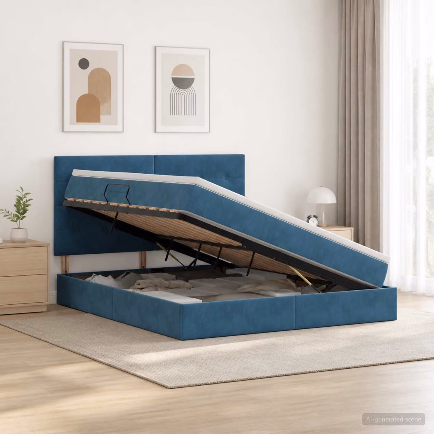 Letto con contenitore e illuminazione LED vidaXL in velluto blu scuro L/P/H: 160 x 200 x 128 cm