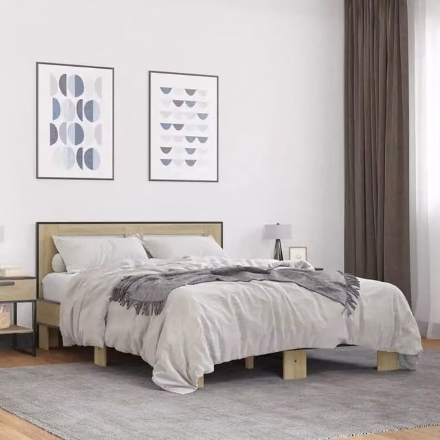 Letto Giroletto vidaXL in Rovere e Metallo, Colore Marrone, L/P/H: 140 x 190 x 30 cm – 1