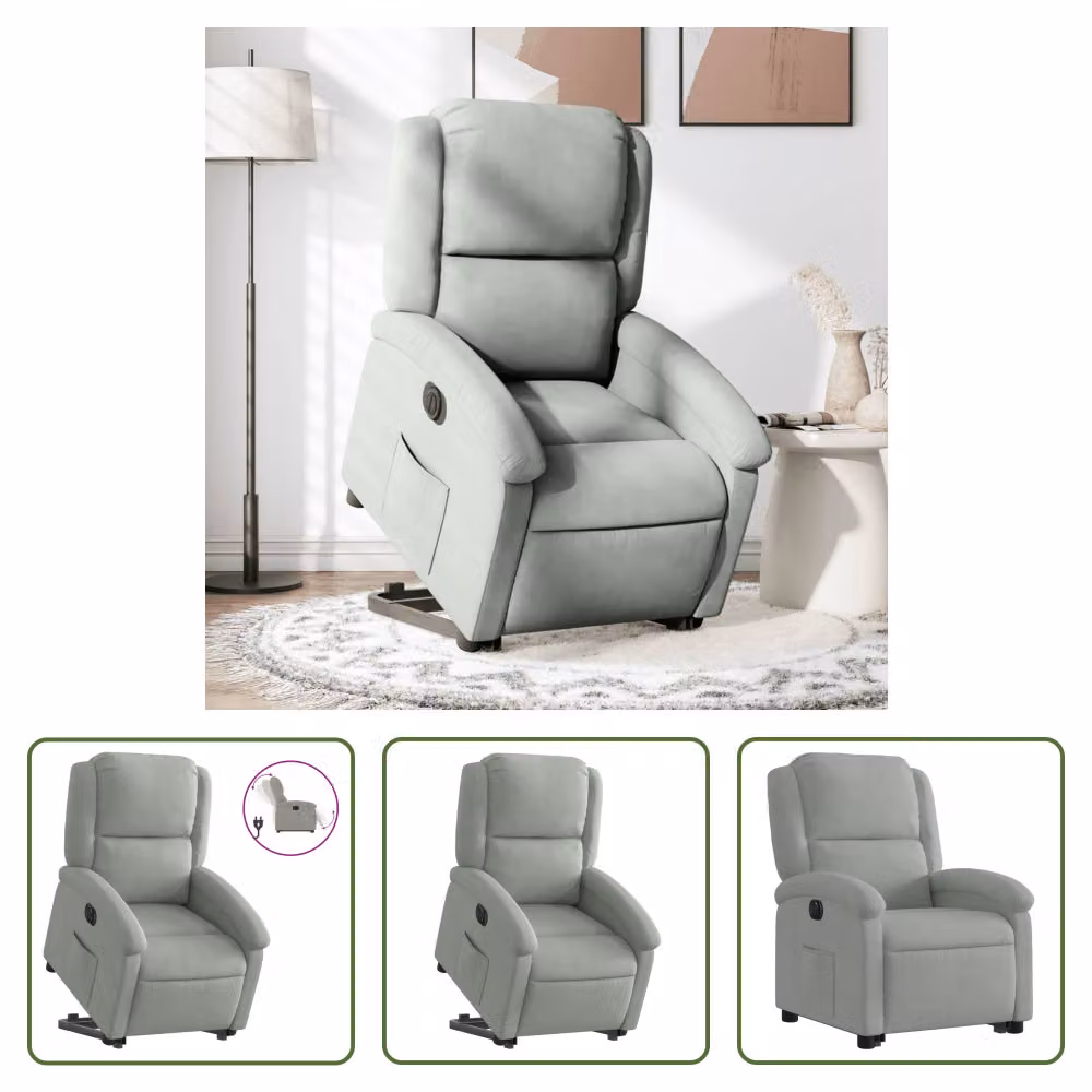 The Living Store Poltrona relax con supporto elettrico in velluto grigio chiaro