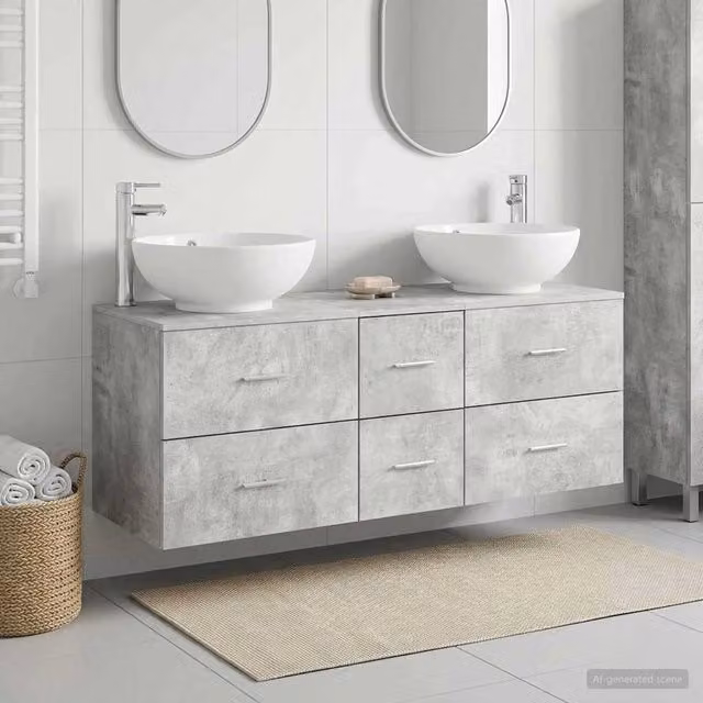 Set di mobili da bagno moderno vidaXL in legno, composto da mobile lavabo e pensile, colore grigio e argento, con finitura opaca, L/P/H: 129,0 x 38,05 x 80,0 cm