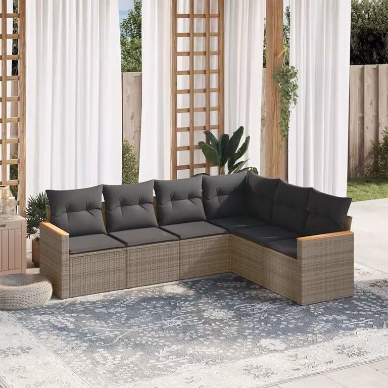 vidaXL Set Divano da Giardino a L 6 pz in Polyrattan Grigio con Cuscini Imbottiti e Rivestimenti Rimovibili